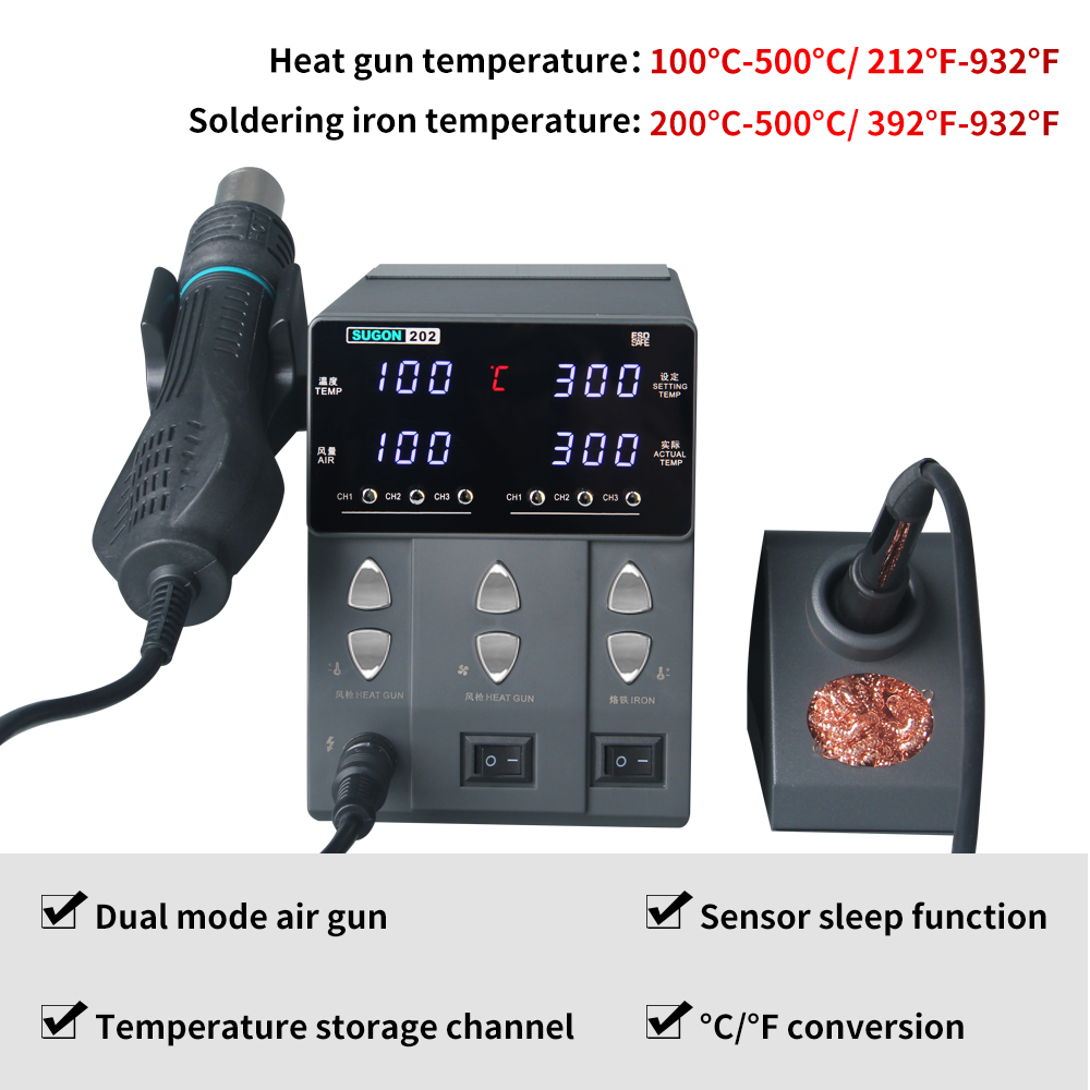 SUGON-202 760W 2 IN 1 Solderin - Smd Rework Station Hot Air Soldering 2 In 1 评论和价格
